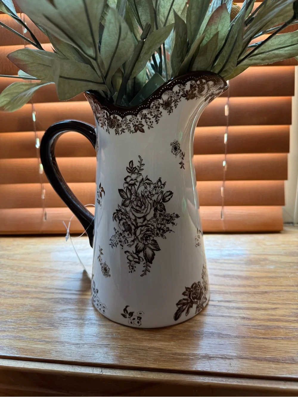 Ashland Brown Silk Peony Stems in Brown and White Floral Toile Pitcher